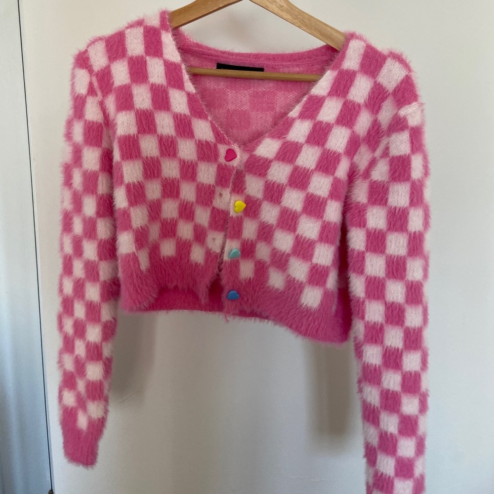 SHEIN PINK & WHITE FUZZY CARDIGAN